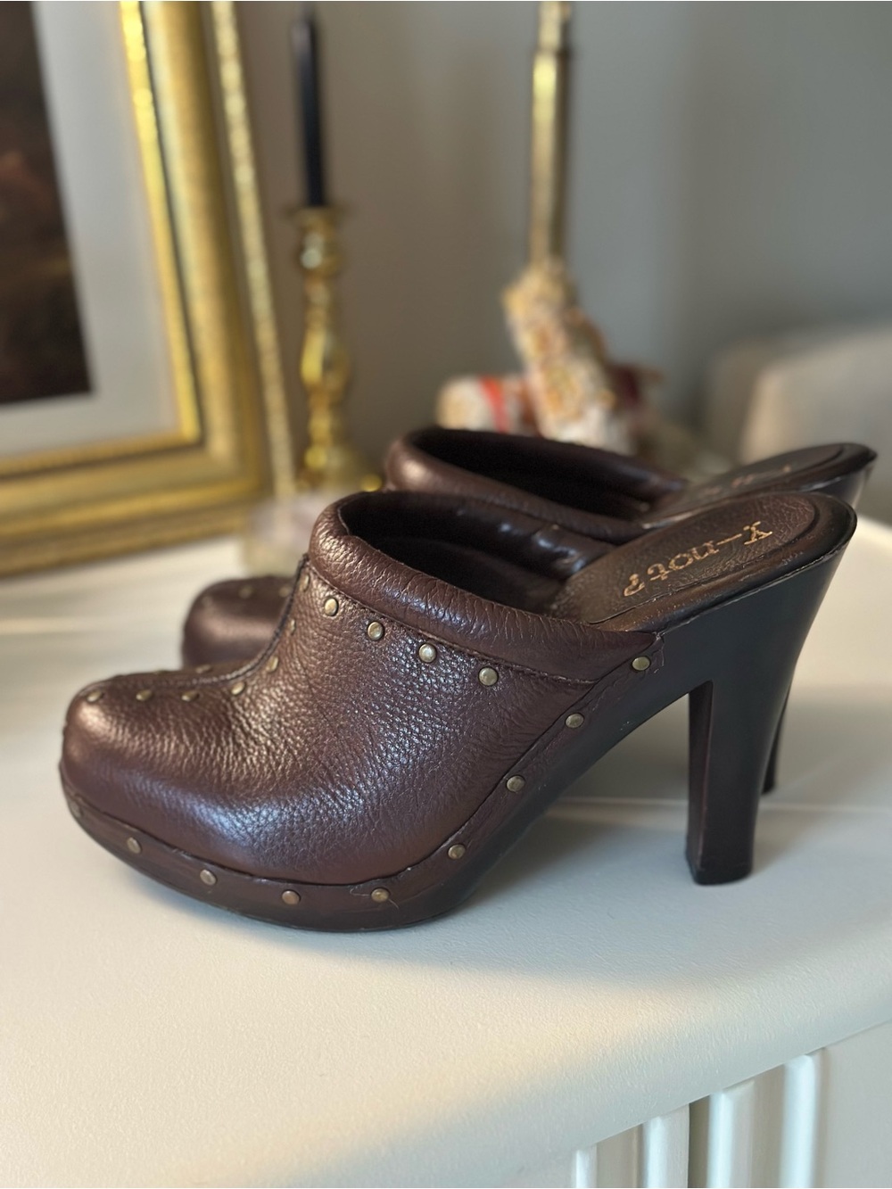 Women's Brown Leather Studded High-Heel Mules